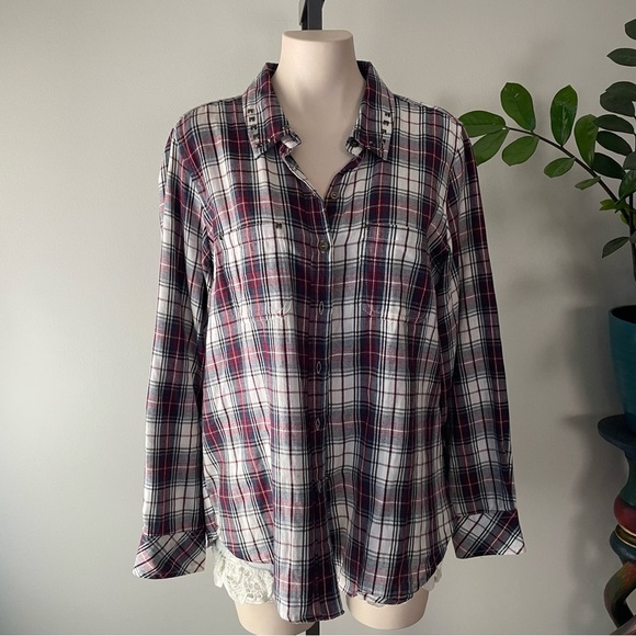 Lola P Studded Western Cowgirl Shirt Plaid Flannel Grunge 100% Cotton Size Large - Picture 1 of 9